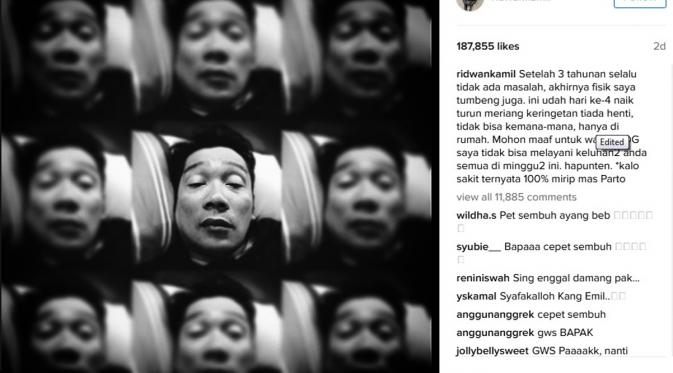 Wali Kota Bandung Ridwan Kamil terbaring sakit. (Foto: Instagram/@ridwankamil)