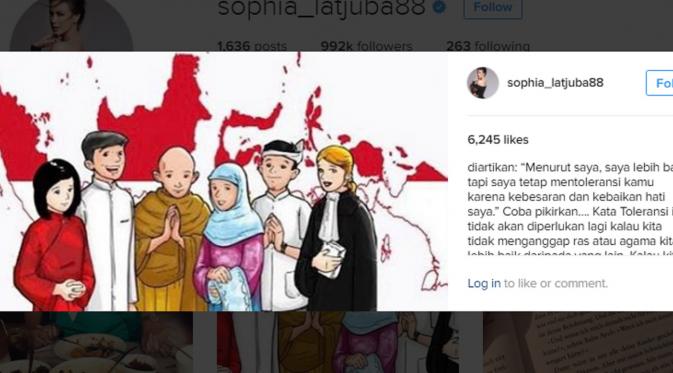 Sophia Latjuba mengunggah potret tentang toleransi. (Instagram/sophia_latjuba88)