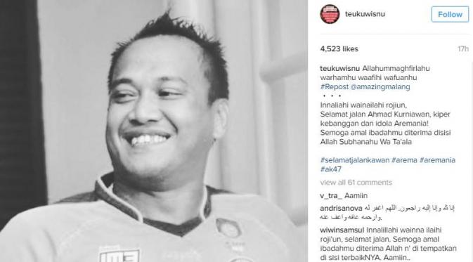 Teuku Wisnu mengunggah foto Ahmad Kurniawan, kiper Arema FC yang meninggal dunia (Instagram/@teukuwisnu)