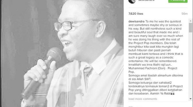 Dewi Sandra beduka atas meninggalnya Oon Project Pop (Foto: Instagram)
