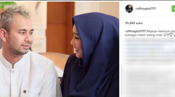 Nagita Slavina memakai hijab, Raffi Ahmad tersenyum senang (Foto: Instagram)