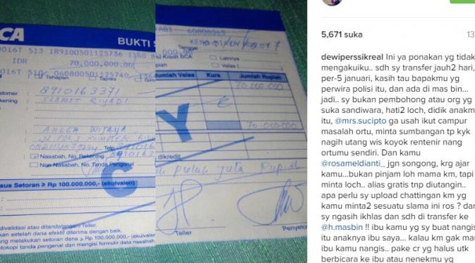 Dewi Perssik juga perlihatkan besarnya uang yang diberikan kepada saudaranya (Foto: Instagram)