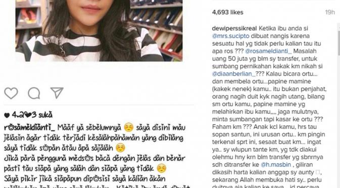 Dewi Perssik menjelaskan masalah keluarganya di media sosial. (Instagram/dewiperssikreal)