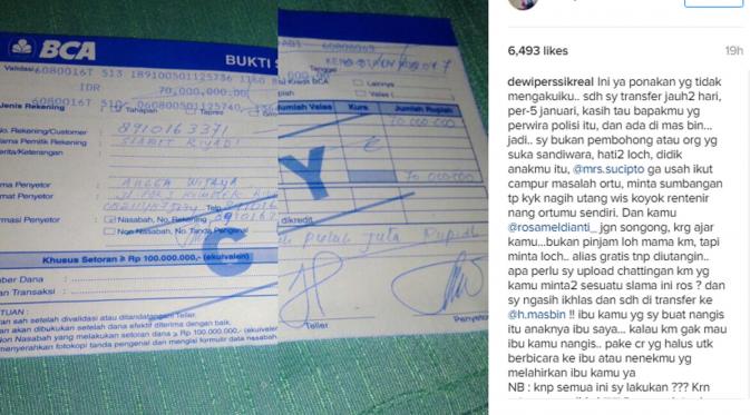 Bukti transfer dana Dewi Perssik untuk keluarganya. (Instagram/dewiperssikreal)