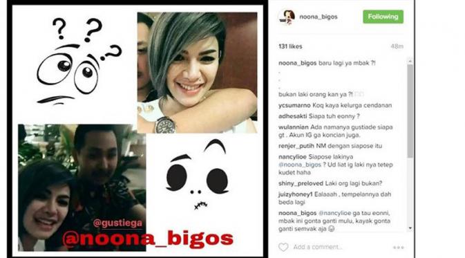Akun Instagram bernama Noona Bigos memasang foto Nikita Mirzani bersama seorang pria tak dikenal.