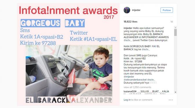 Dukungan Jessica Iskandar untuk El Barack di Infotainment Awards 2017. (Instagram/inijedar)