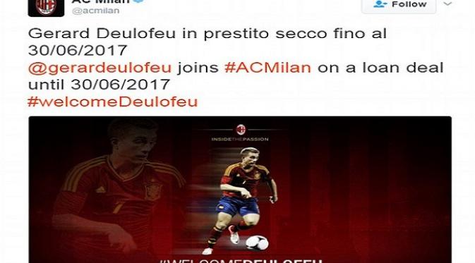 AC Milan umumkan perekrutan Gerard Deulofeu melalui akun Twitter resmi klub.
