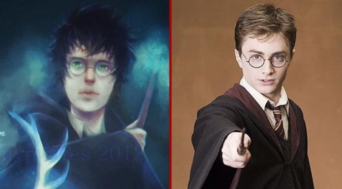 Sosok Harry Potter (kiri) novel dan (kanan) film yang diperankan Daniel Radcliffe.