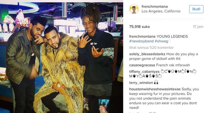 The Weeknd bersama French Montana dan Jaden Smith, Rabu (25/1/2017) malam. (Instagram/frenchmontana)