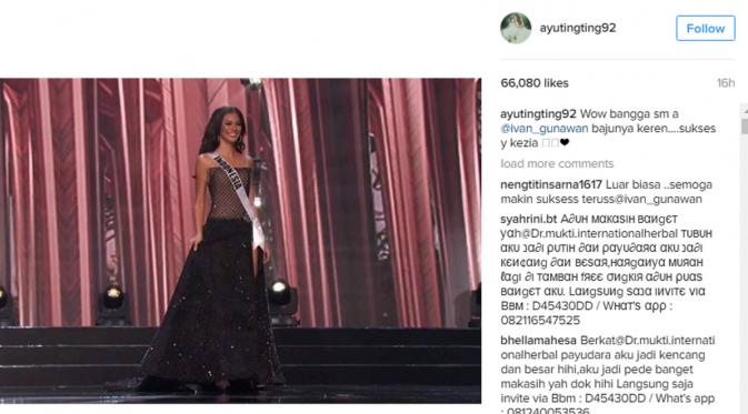 Kebanggaan Ayu Ting Ting melihat karya Ivan Gunawan di ajang Miss Universe 2016. (Instagram/ayutingting92)