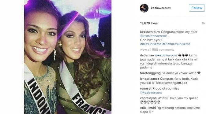 Kezia Warouw mengucapkan selamat kepada Iris Mittenaere yang terpilih sebagai Miss Universe 2016. (Instagram/keziawarouw)