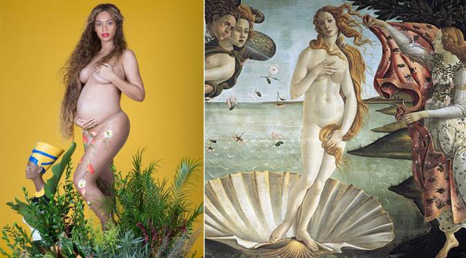 Foto kehamilan Beyonce vs lukisan dewi Venus. (via Dailymail)