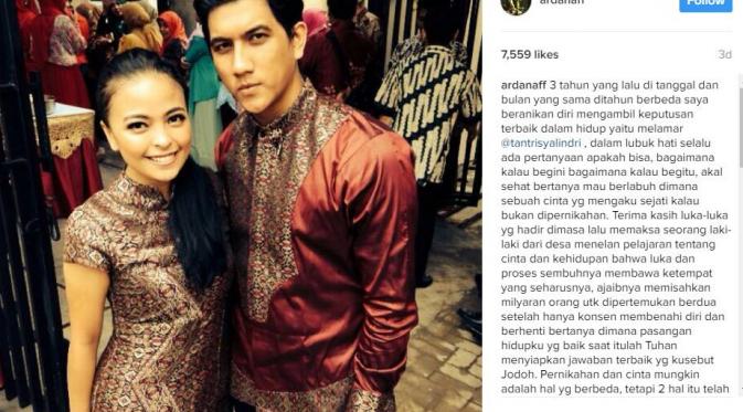Arda Naff mengunggah kalimat romantis sebagai perayaan tiga tahun menikahi Tantri Kotak (Instagram)