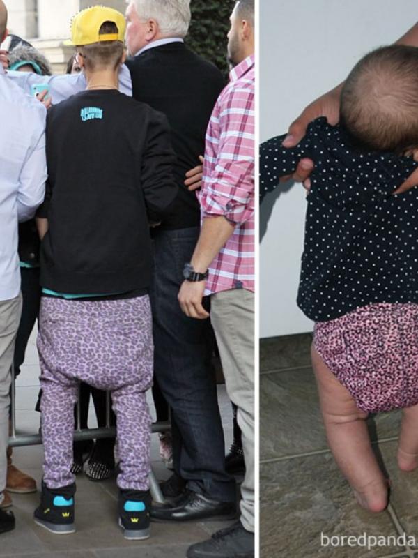 Justin Bieber pakai celana kayak celana bayi. (Via: boredpanda.com)