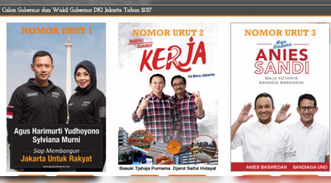 3 pasangan cagub-cawagub peserta Pilkada DKI Jakarta 2017