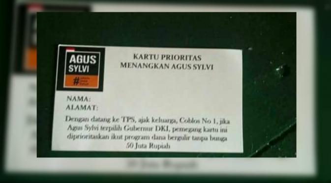  Sebuah gambar kartu terkait pasangan calon gubernur dan wakil gubernur DKI Jakarta Agus Yudhoyono dan Sylviana Murni beredar di media sosial. 