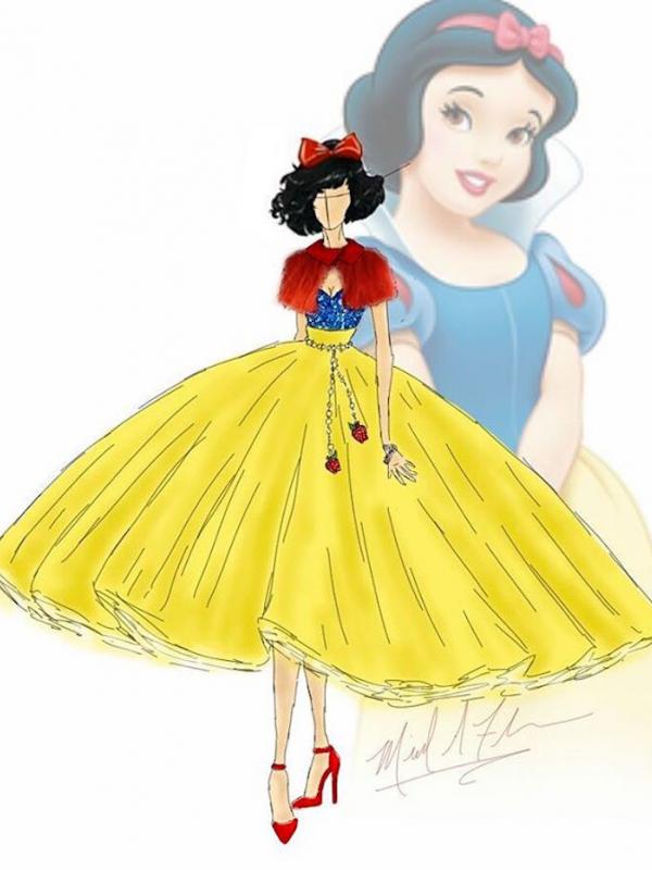Desain ilustrasi fashion putri Disney Snow White yang dibuat oleh Michael Anthony. Sumber: mymodernmet.com.