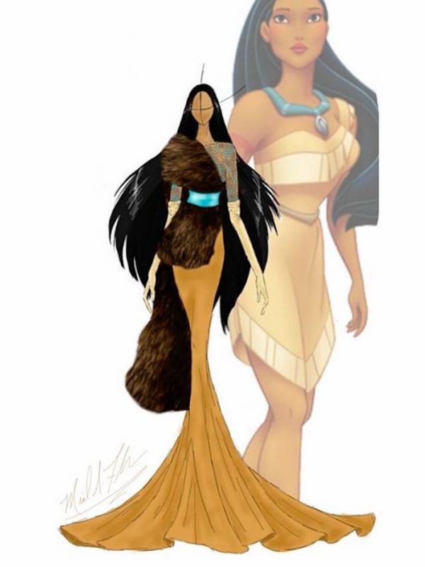 Desain ilustrasi fashion putri Disney Pocahontas yang dibuat oleh Michael Anthony. Sumber: mymodernmet.com.