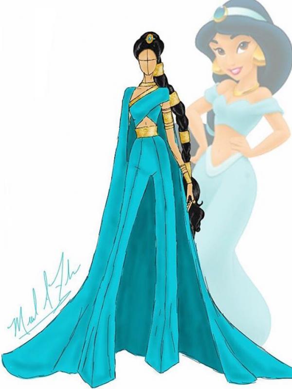 Desain ilustrasi fashion putri Disney Jasmine yang dibuat oleh Michael Anthony. Sumber: mymodernmet.com.