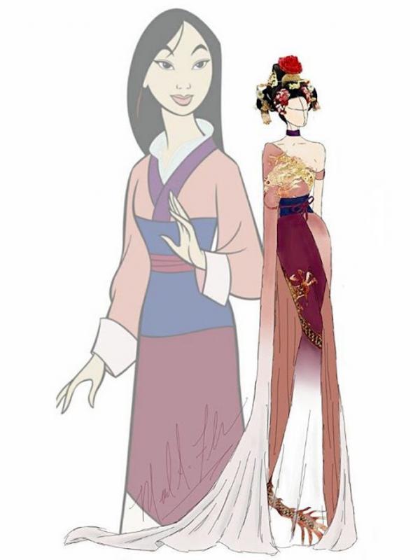 Desain ilustrasi fashion putri Disney Mulan yang dibuat oleh Michael Anthony. Sumber: mymodernmet.com.