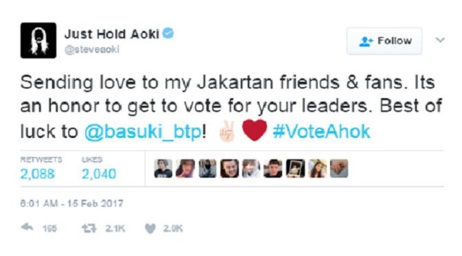Steve Aoki berikan dukungan dalam Pilkada DKI 2017. (Foto: Twitter)