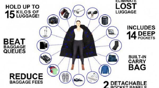 Jaket "Airport Jacket" ini mampu bawa 15 kilogram barang gantikan koper Anda. (foto : odditycentral.com)