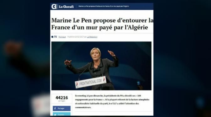Le Pen dilaporkan akan membangun tembok sekeliling Prancis dan akan memaksa Aljazair untuk menanggung biayanya. (Sumber Le Gorafi)