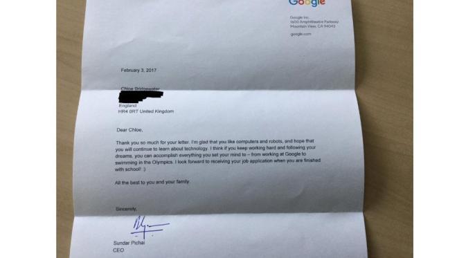 Balasan surat dari CEO Google, Sundar Pichai/dok: elitereaders.com