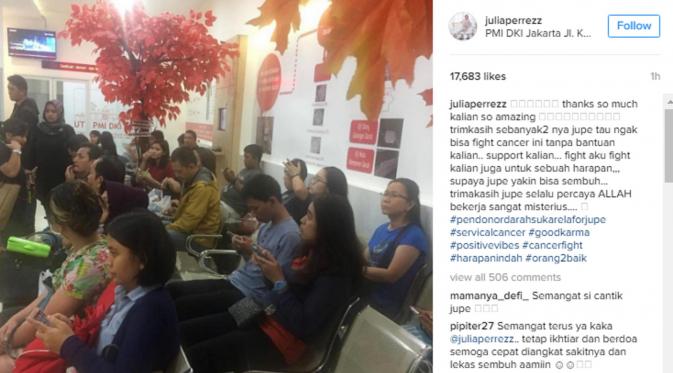 Julia Perez terenyuh lihat pengorbanan yang ingin mendonorkan darah. (Instagram/juliaperrezz)