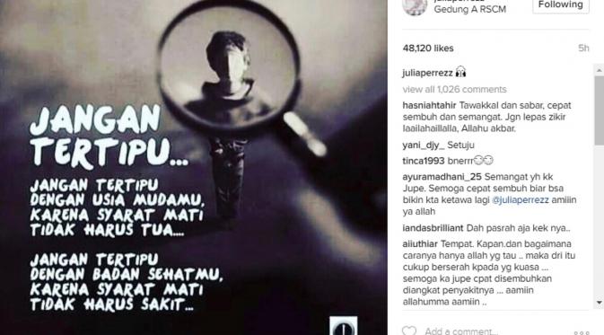 Postingan Julia Perez tentang kematian, membuat netizen bersedih dan memberikan semangat bagi Julia Perez untuk tidak menyerah. (Instagram @juliaperrez)