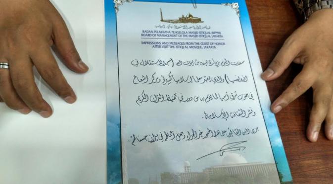 Pesan dan kesan Raja Salman di Masjid Istiqlal. (Liputan6.com/Ika Defianti)