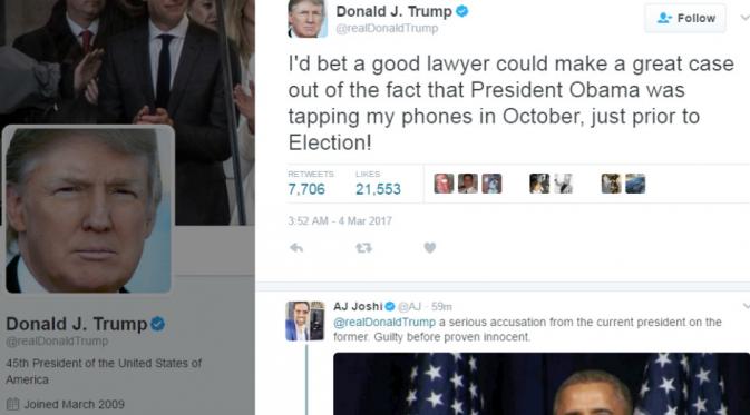 Tuduhan ke Obama dilayangkan Donald Trump lewat akun Twitternya (@realDonaldTrump)