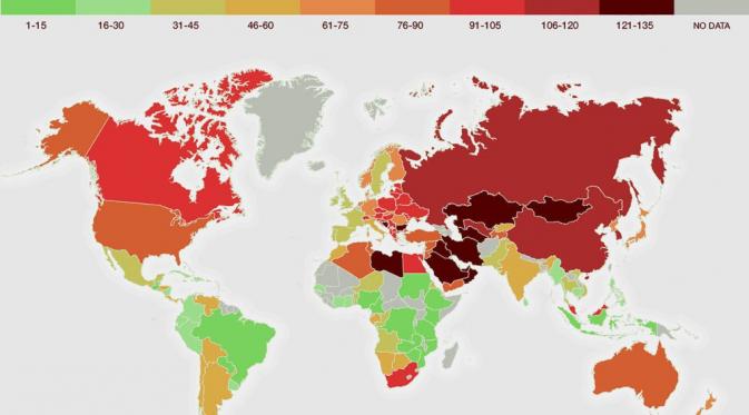 Inilah peta peringkat polusi dunia yang dikeluarkan oleh The Eco Experts dari Britania Raya. (foto : inhabitat.com)