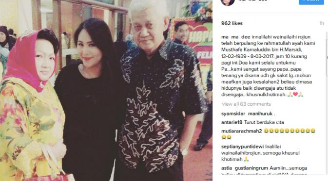Audy Item menyampaikan berita duka meninggalnya ayahanda Iko Uwais. (Instagram/ma_ma_dee)