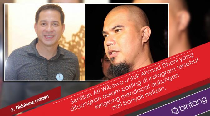 Sentilan Ari Wibowo untuk Ahmad Dhani tentang Penista Agama. (Desain: Nurman Abdul Hakim/Bintang.com)