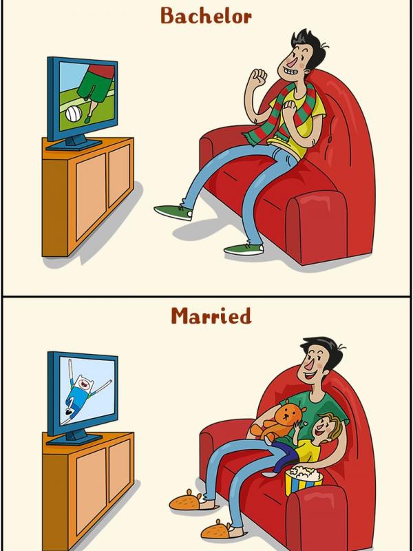 Pria lajang dan pria menikah memiliki kehidupan yang berbeda. Ilustrasi ini mengungkapkannya dengan cara lucu.