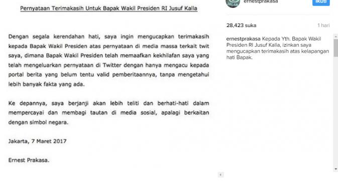 Ernest Prakasa bikin surat pernyataan terima kasih untuk Wakil Presiden, Jusuf Kalla (Foto: Instagram)