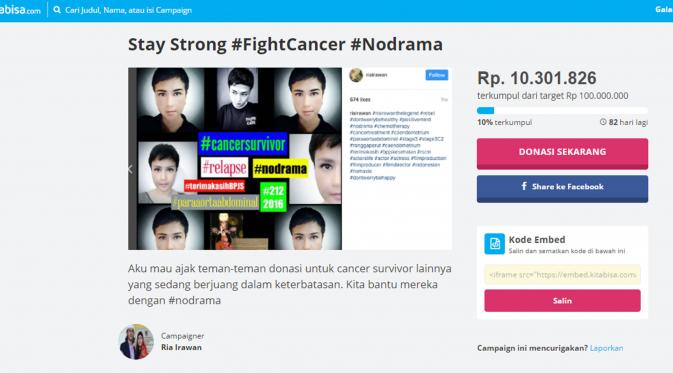 Ria Irawan buka donasi untuk membantu penderita kanker. (kitabisa.com)
