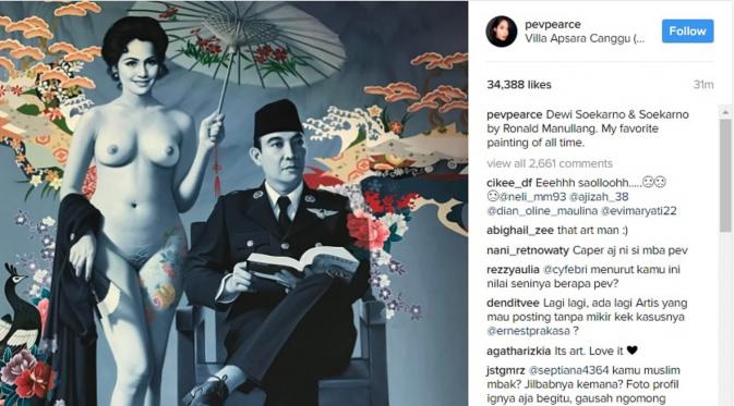 Postingan Pevita Pearce, lukisan Dewi Soekarno tanpa busana sedang dampingi Bung Karno. (Instagram @pevitapearce)