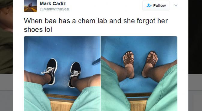 Cadiz memberi sepatunya untuk dipakai Vanessa agar bisa ikut kelas di lab. Pacar idaman! (Foto: twitter.com)