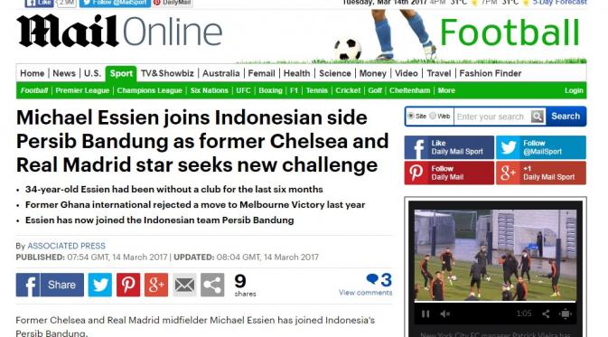Daily Mail membahas proses transfer Michael Essien ke Persib Bandung. (Daily Mail). 