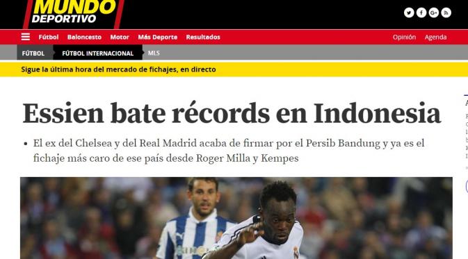 Media Spanyol, Mundo Deportivo, membahas proses transfer Michael Essien ke Persib Bandung. 