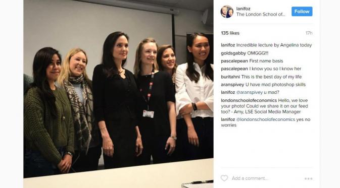Angelina Jolie jadi dosen tamu di Londson School of Economics, Selasa (14/3/2017). [foto: instagram/lanifoz]