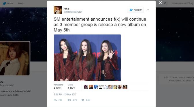 Sebuah selentingan di media sosial menyebutkan bahwa f(x) akan comeback tanpa Amber.