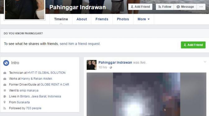 Seorang pria yang mengaku bernama Indra mengunggah video bunuh dirinya di Facebook secara live di akun Pahinggar Indrawan. (Facebook)