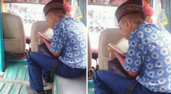Inilah salah satu foto di dunia maya yang tengah menarik perhatian netizen. Di dalam angkot bocah ini terus saja menunduk. Sedang apa ya? (Foto: Facebook/Oboz Bady)