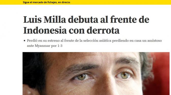 Artikel mengenai kekalahan Luis Milla saat melakoni debutnya sebagai timnas Indonesia dalam media Mundo Deportivo