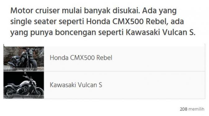 Honda CMX500 Rebel mengungguli Kawasaki Vulcan dalam polling otomotif mingguan Liputan6.com. (Septian/Liputan6.com)