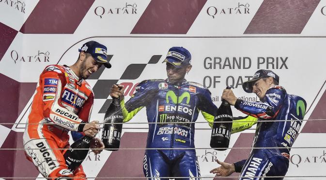 Maverick Vinales meraih juara pada seri pembuka MotoGP 2017. (AP Photo/Rafa Marrodan)