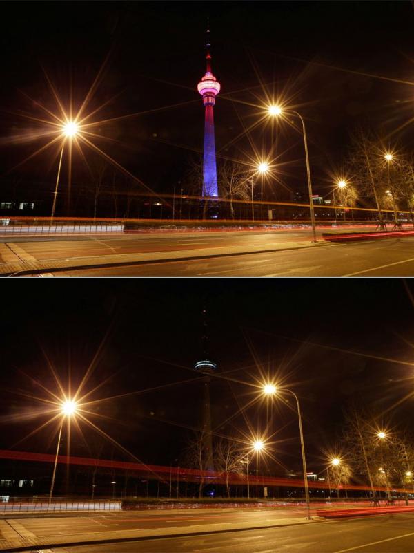 China Central Radio and Television Tower, Beijing, Tiongkok saat Earth Hour. (Jason Lee/Reuters)